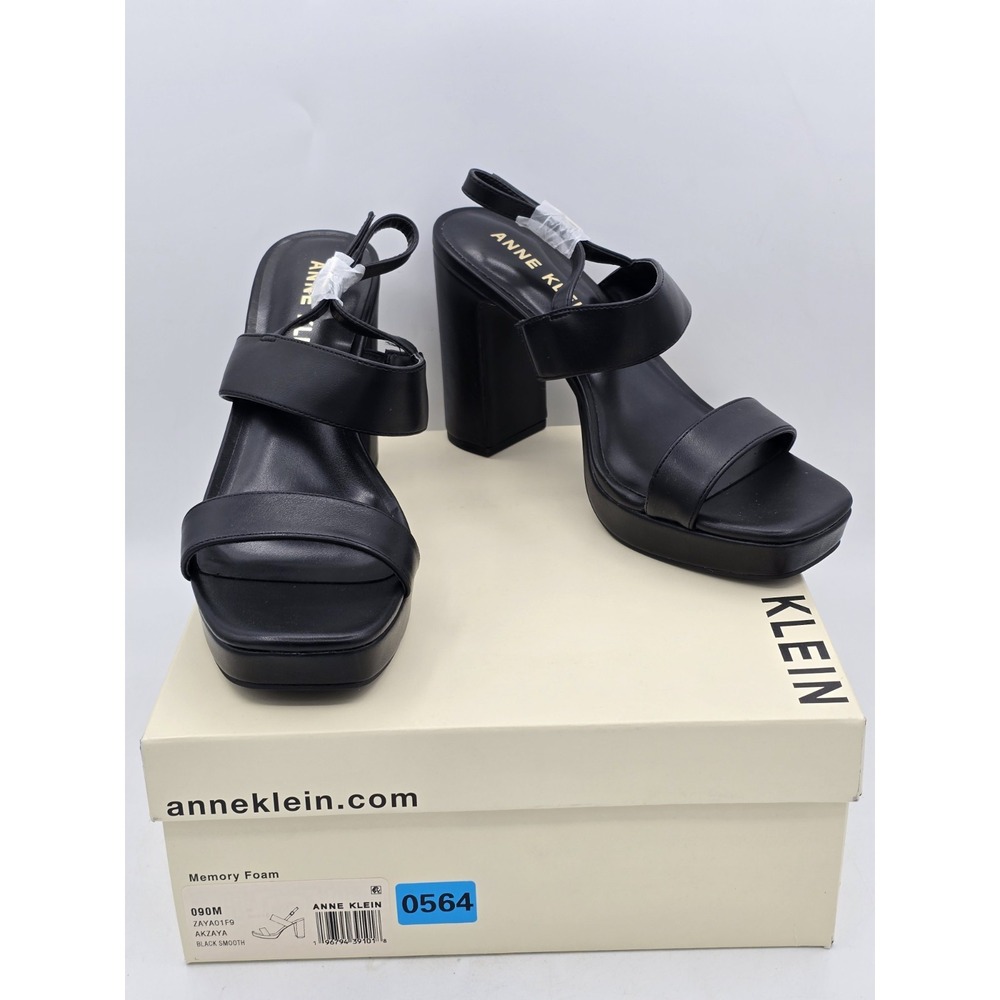 Brand NEW ANNE KLEIN Womens ZAYA Open Toe Black Leather Platform‎ Sandals SZ 9 M